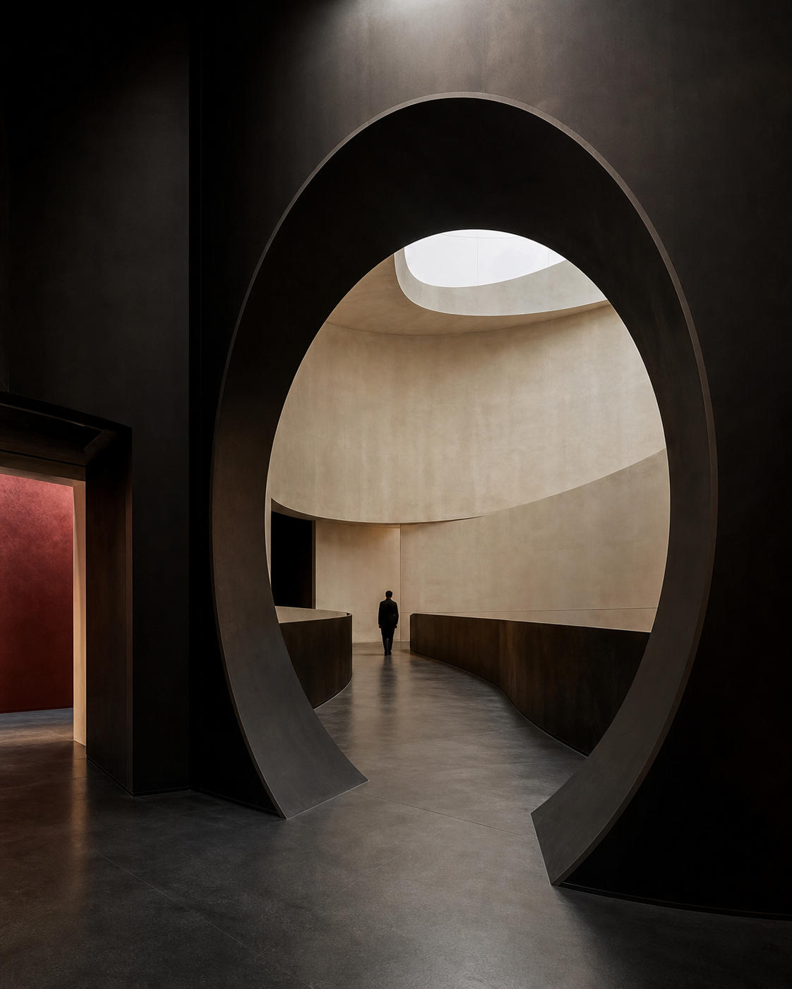 Visitor walking through a monumental circular museum interior