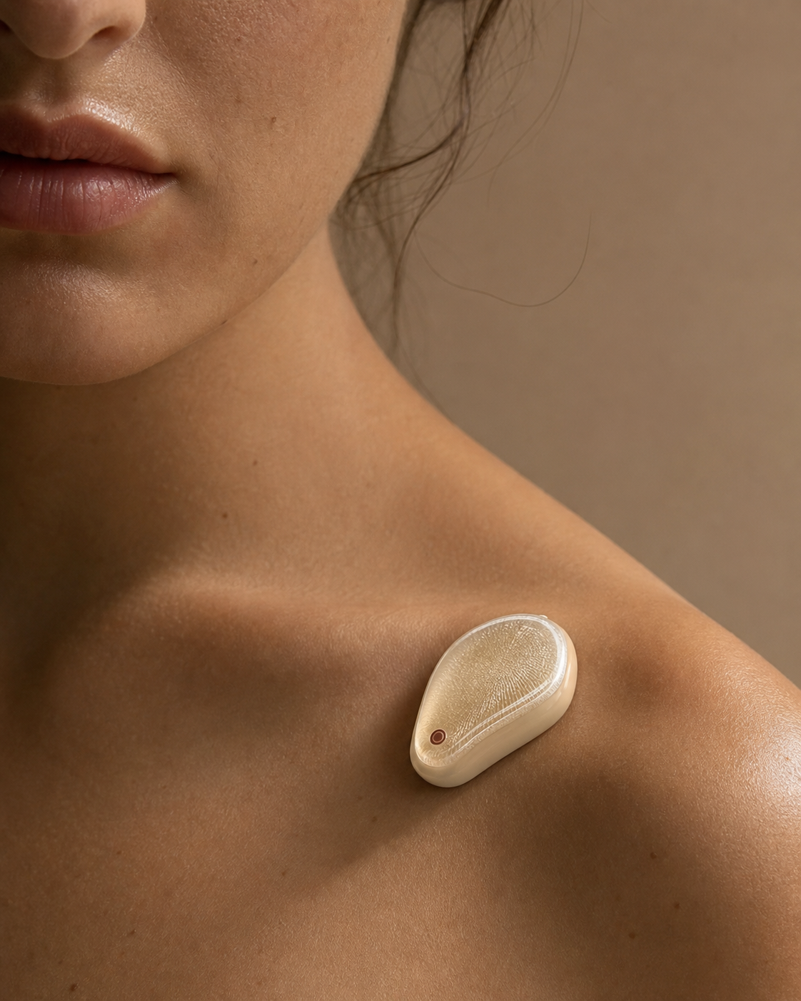 Biomaterial wearable resting on a woman's shoulder