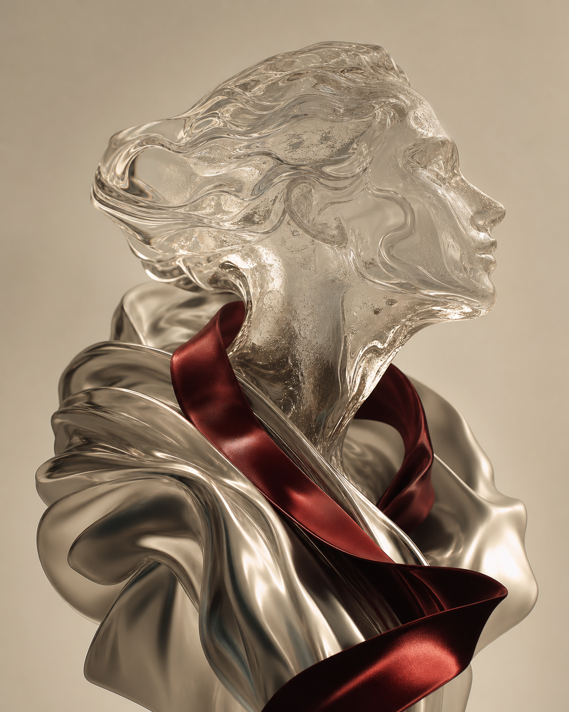 Translucent glass figure wrapped in chrome and oxblood silk